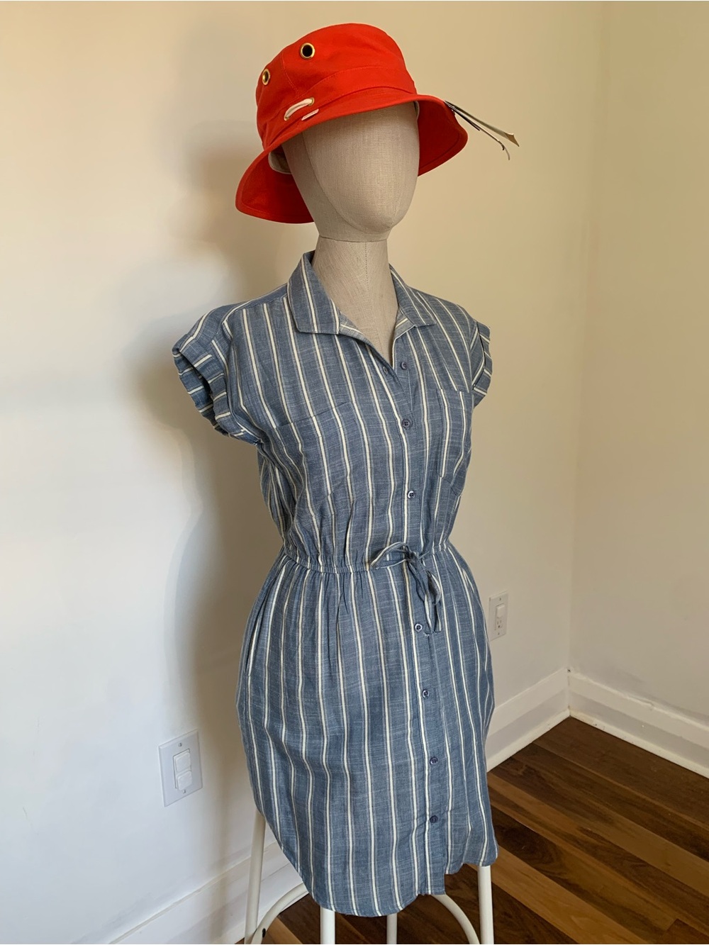 Japna Blue and White Buttoned Polo Collar Mini Dress